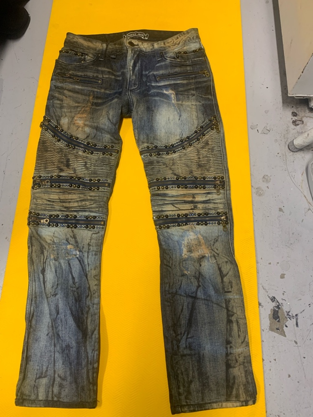 Robin's Jean Men's Blue Distressed Moto Jeans with Studded Panels